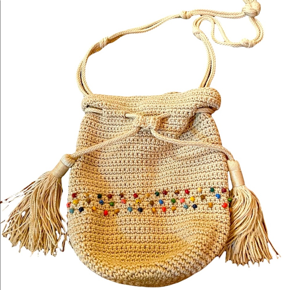 The Sak Sayulita Drawstring Crochet Bucket Bag